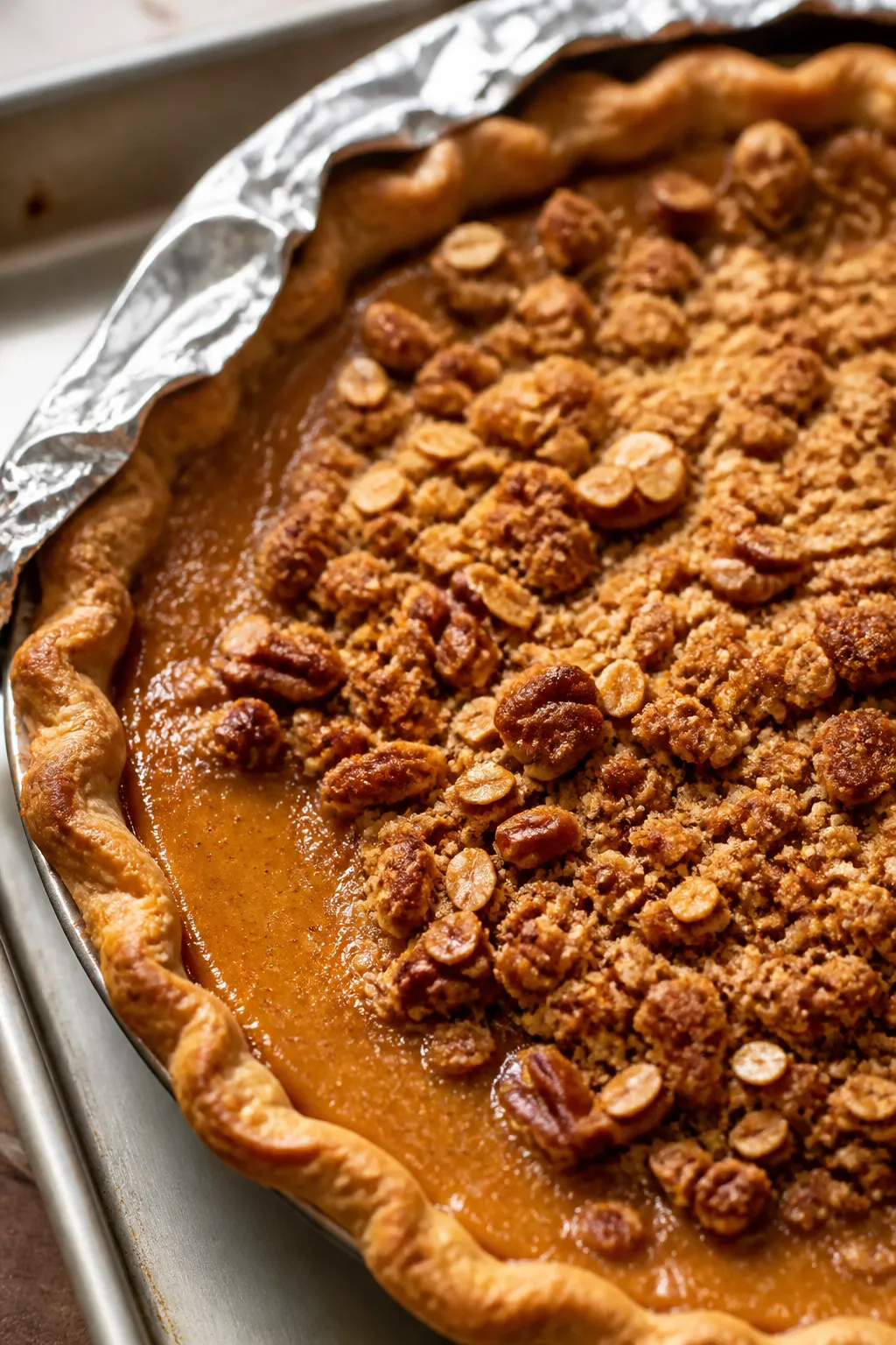 Close-up detail: A freshly baked Pumpkin Streusel Pie just out of the oven, showing golden, crunchy