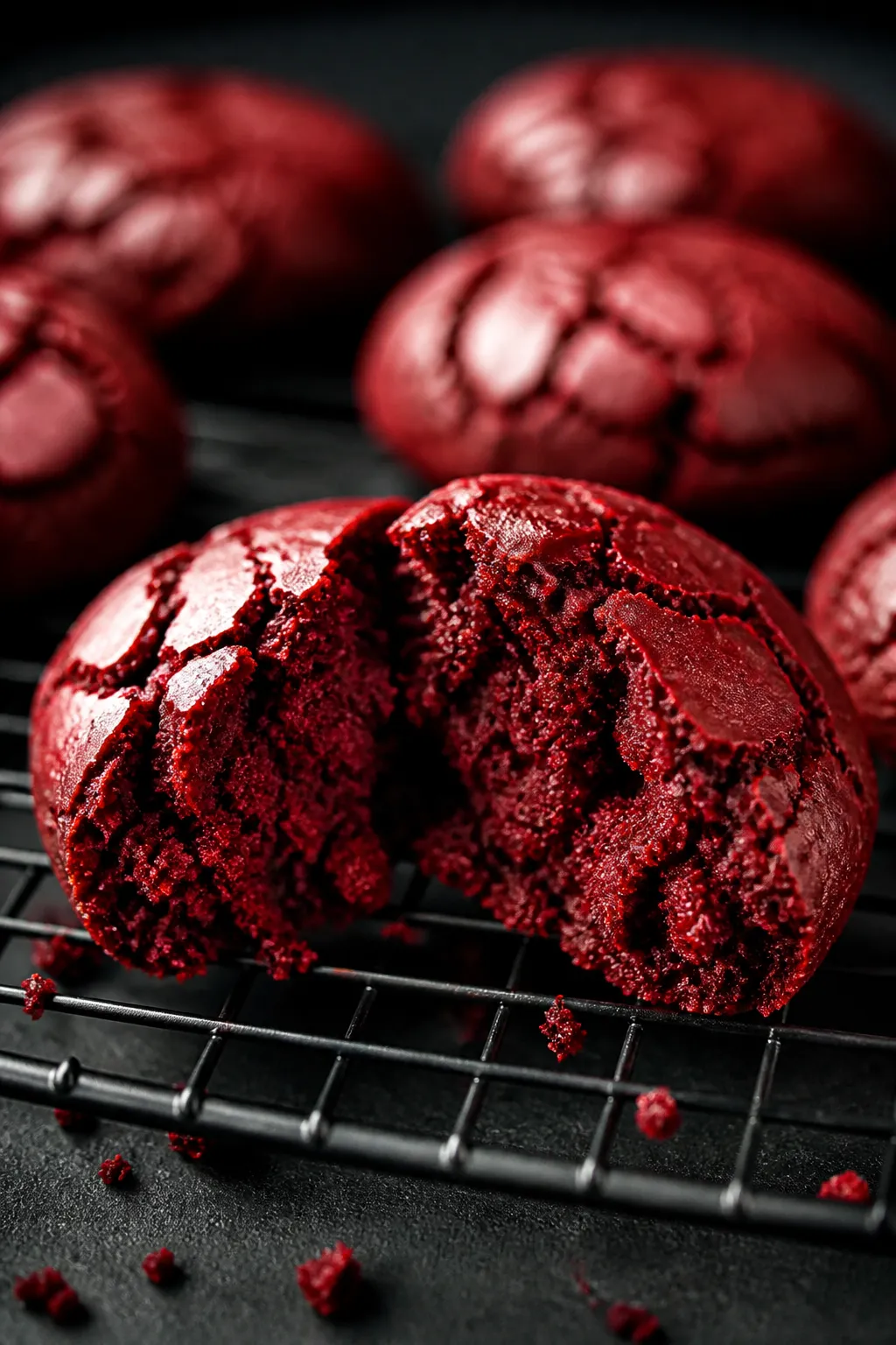 Close-up detail: A freshly baked red velvet brownie bite split open on a wire rack, revealing a dens
