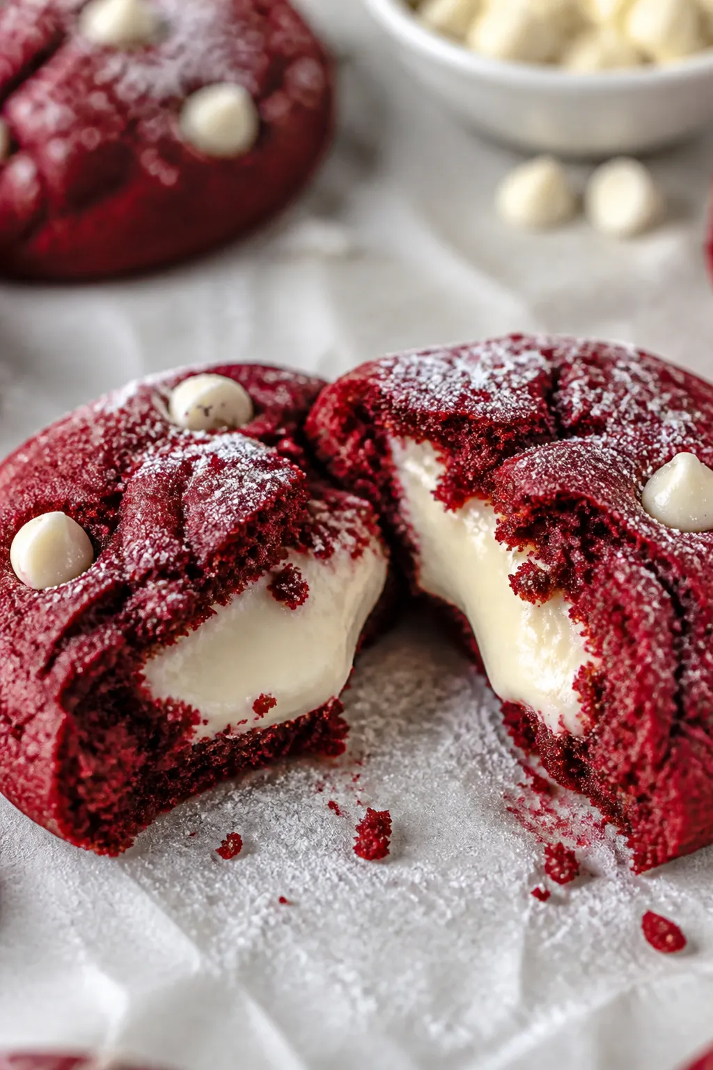 Close-up detail: A freshly baked red velvet cream cheese stuffed cookie torn open to reveal the silk