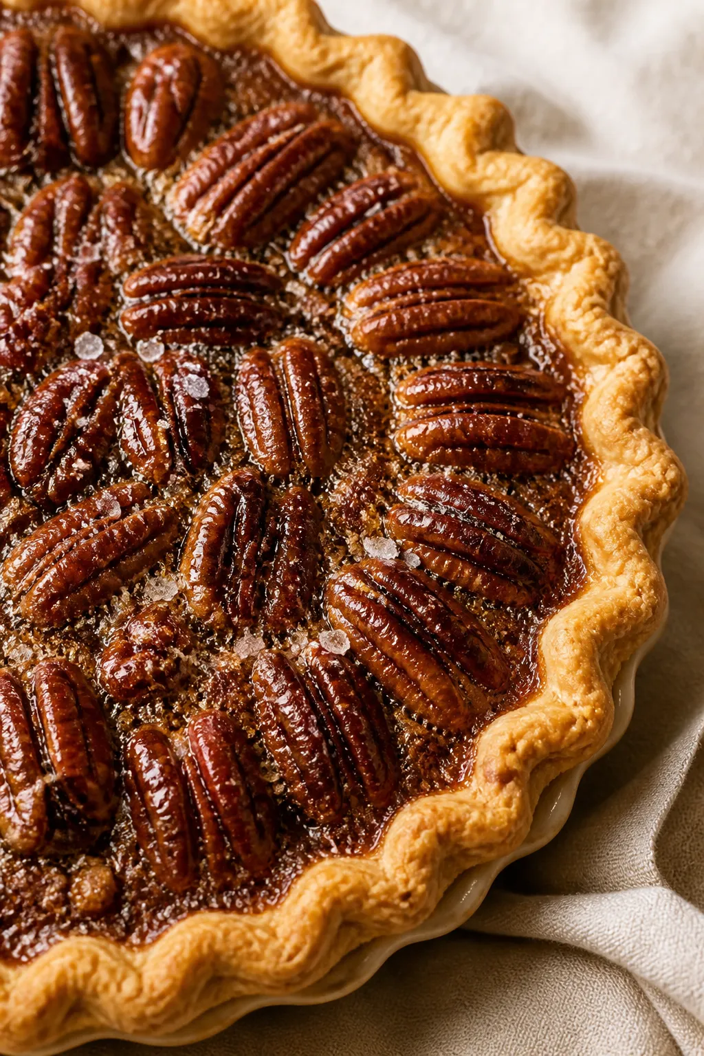 Close-up detail: A glossy, just-baked Maple Bourbon Pecan Pie surface with deeply toasted pecan halv