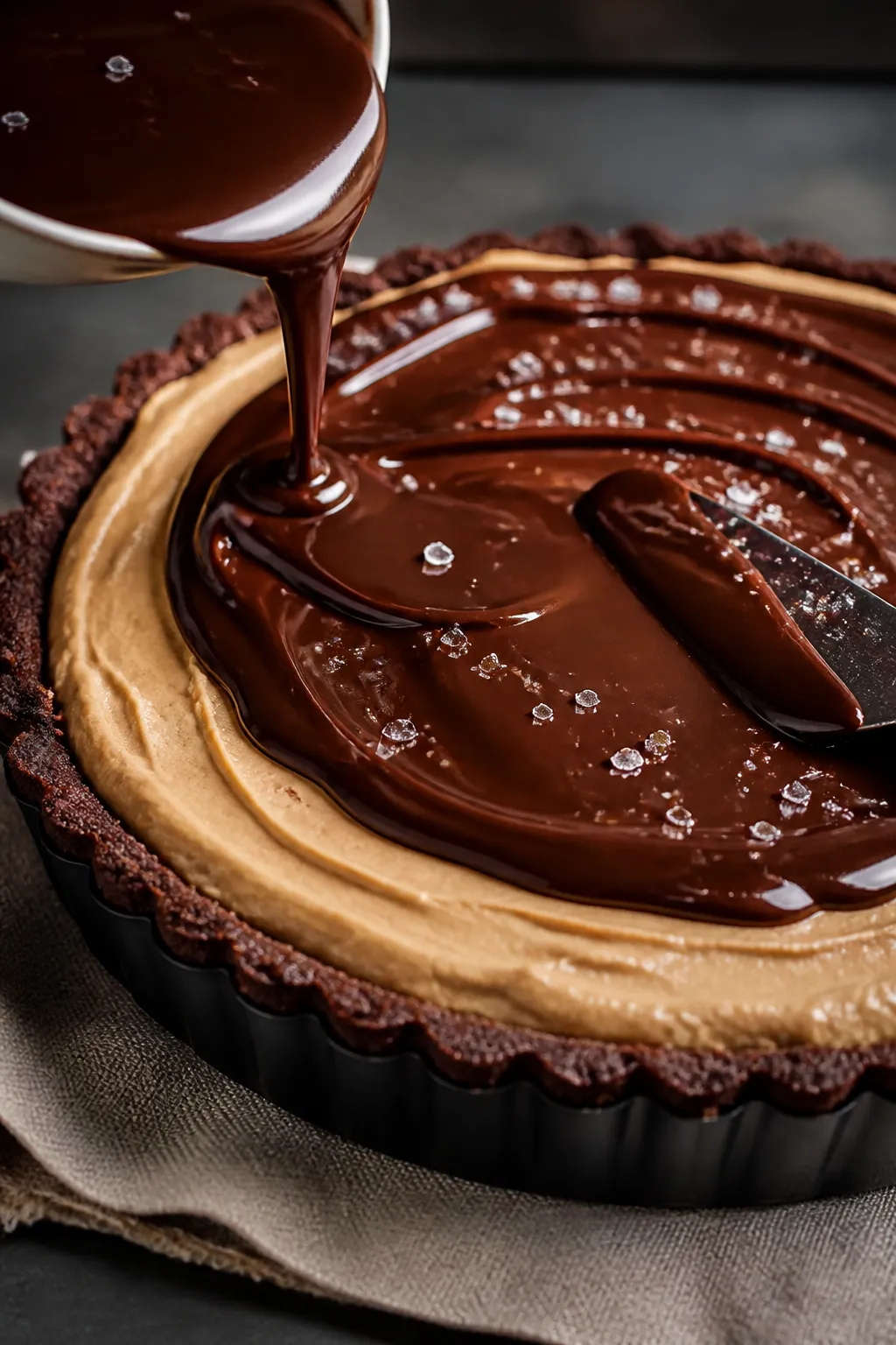 Close-up detail: A glossy pour of warm semisweet chocolate ganache cascading over a chilled, fluffy