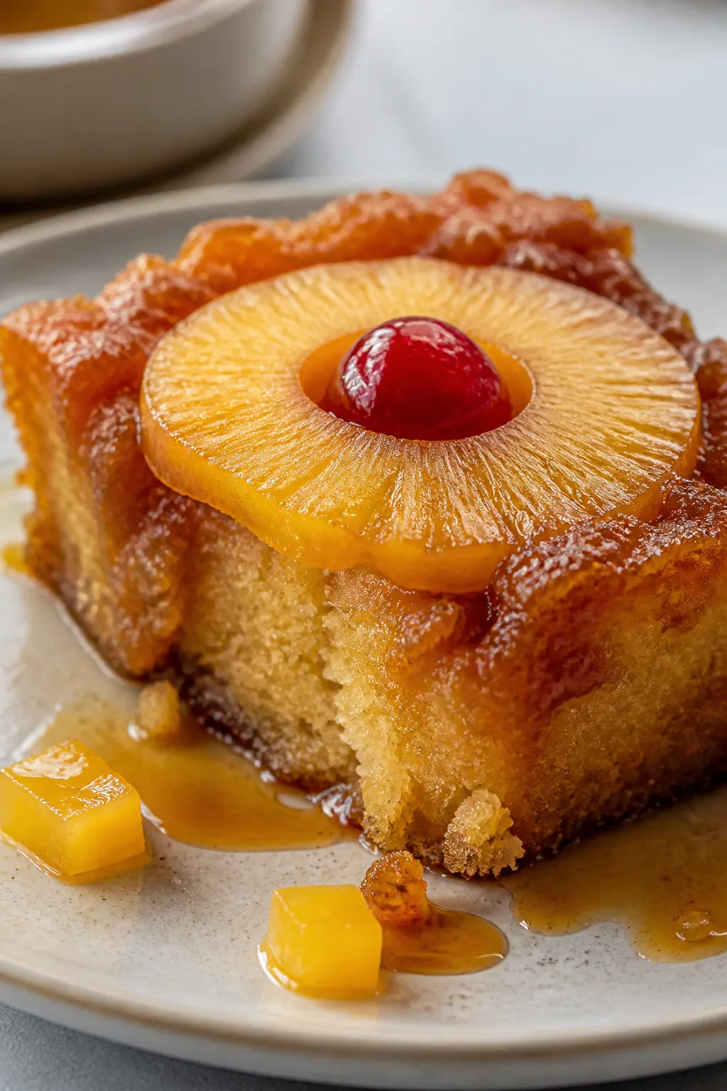 Close-up detail: A glossy slice of crockpot pineapple upside down cake just after inverting, showing
