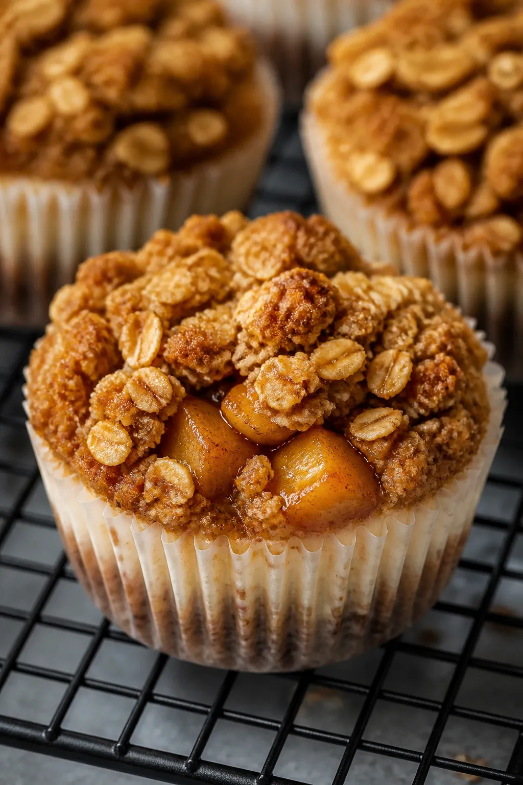 Close-up detail: A just-baked Apple Crisp Mini Cheesecake still in its liner on a cooling rack, show