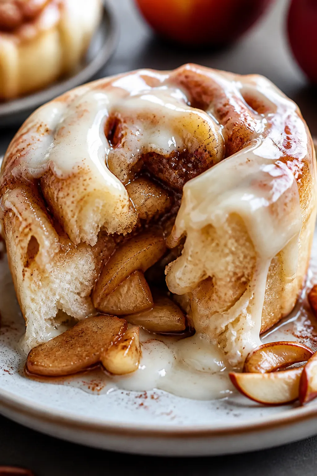 Close-up detail: A just-baked apple pie cinnamon roll torn open to reveal gooey cinnamon swirls and