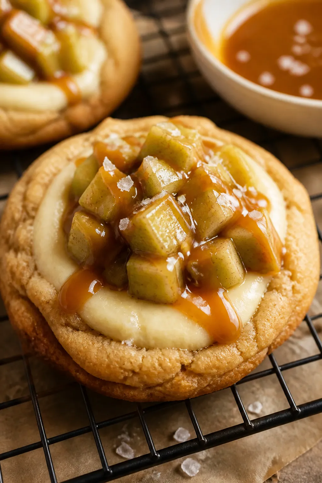 Close-up detail: A just-baked Caramel Apple Cheesecake Cookie on a cooling rack, edges lightly golde