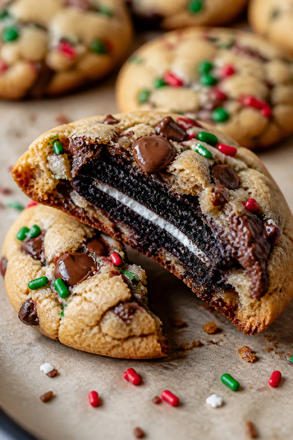 Close-up detail: A just-baked Christmas Oreo stuffed cookie torn open to reveal the whole Oreo cross