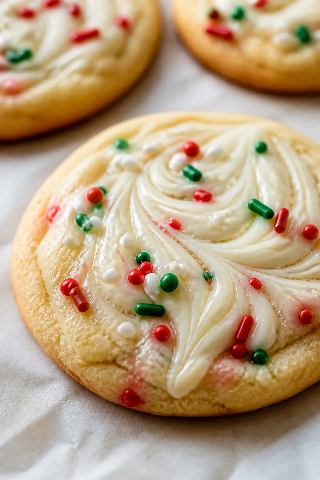 Close-up detail: A just-baked Christmas Sugar Cookie Fudge Cookie on a parchment-lined sheet, edges 