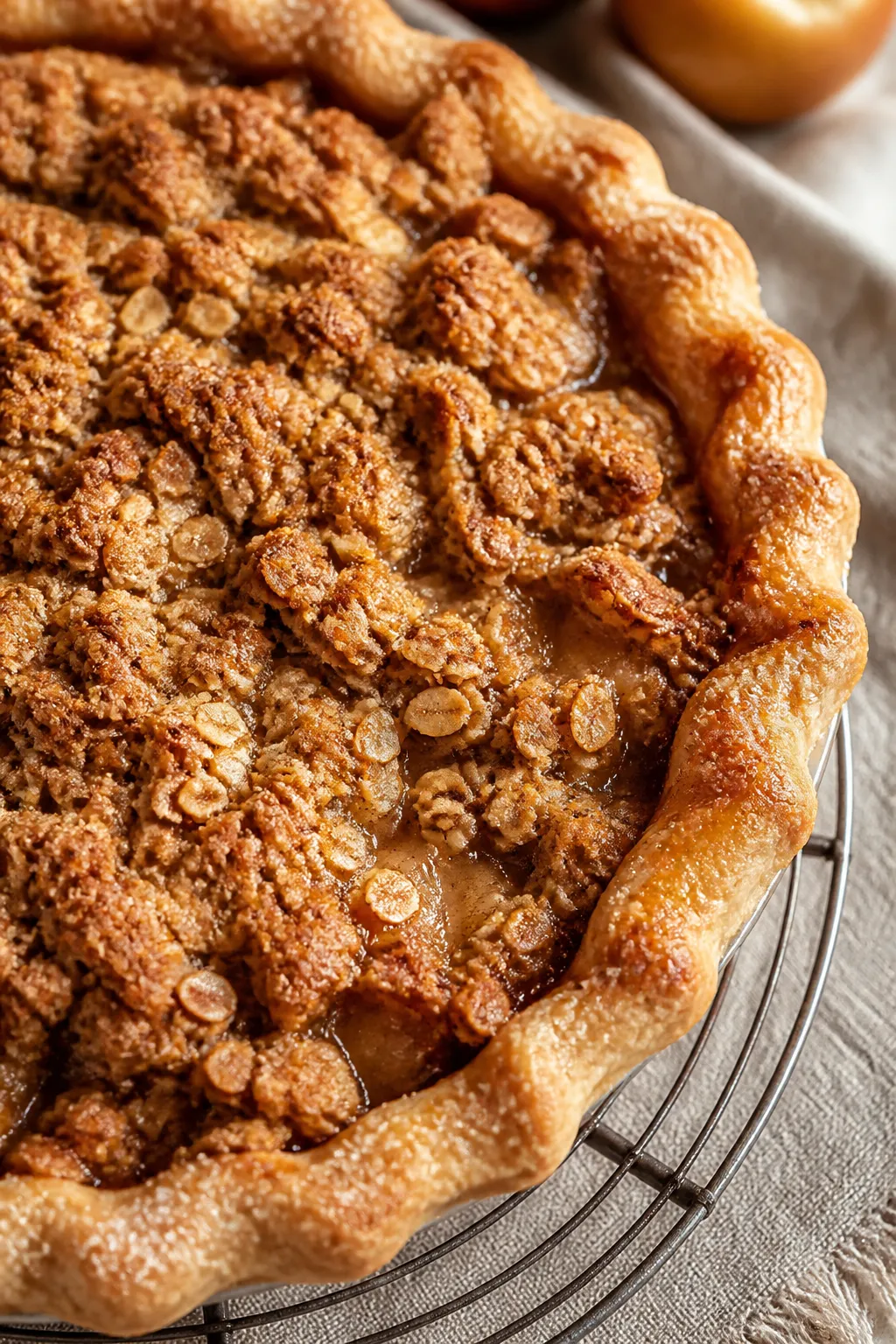 Close-up detail: A just-baked Dutch Apple Crumble Pie on a cooling rack, crumble topping in crisp, u