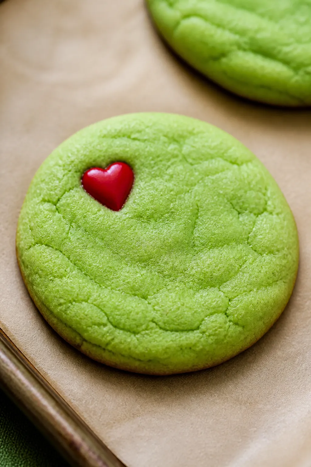 Close-up detail: A just-baked Grinch-green sugar cookie on a parchment-lined sheet, edges set and bo