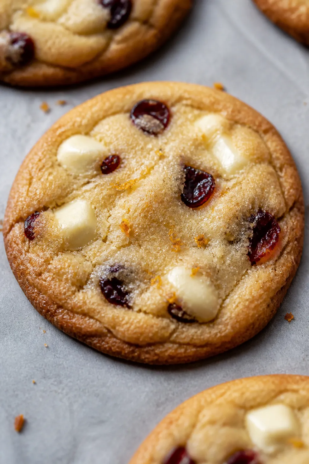 Close-up detail: A just-baked Orange Cranberry Cookie resting on parchment, edges lightly golden and