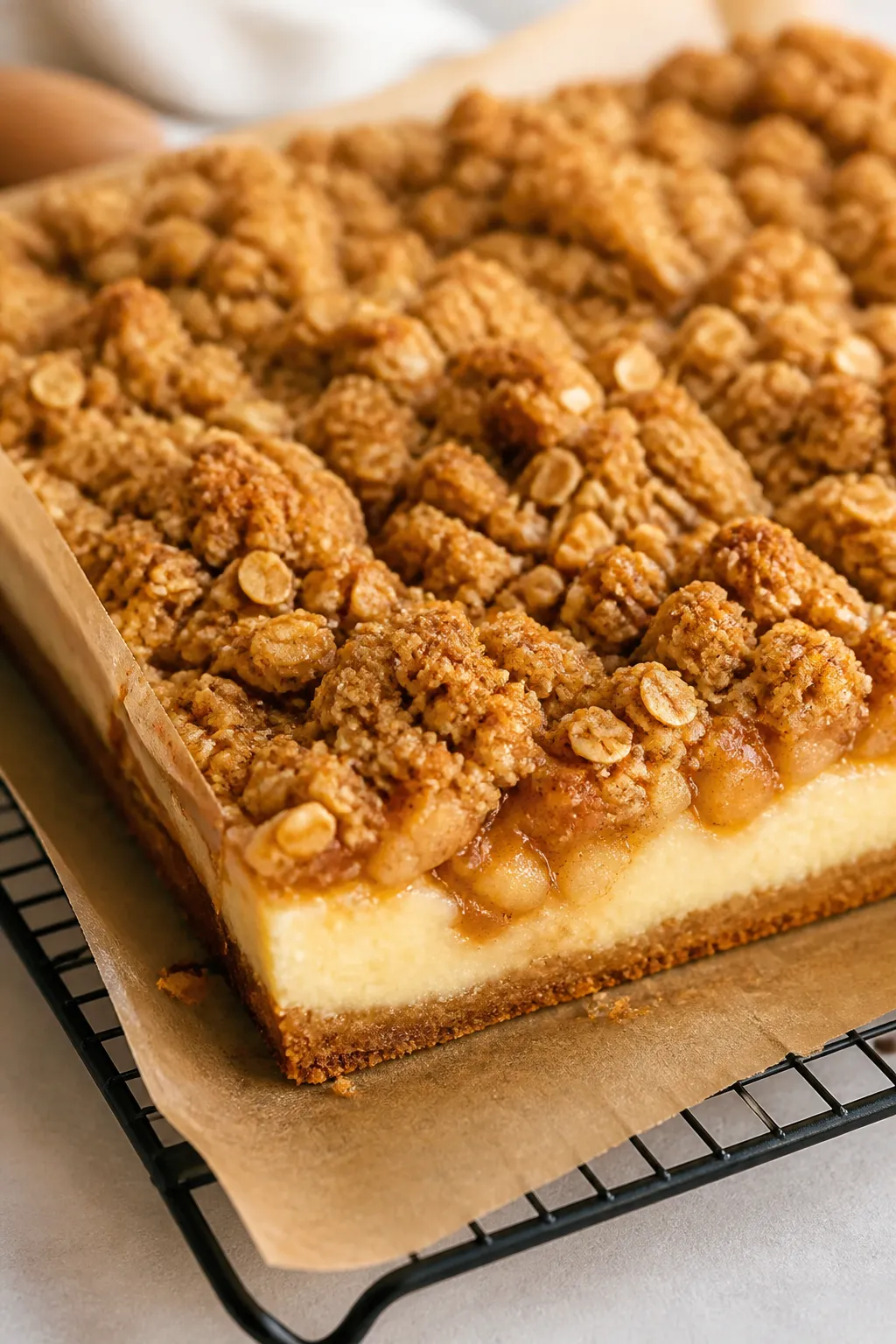 Close-up detail: A just-baked pan of Apple Crumble Cheesecake Bars cooling on a rack, crumble toppin