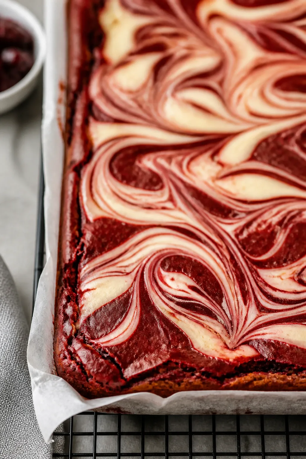 Close-up detail: A just-baked pan of Red Velvet Cheesecake Brownies cooling on a wire rack, tight ma