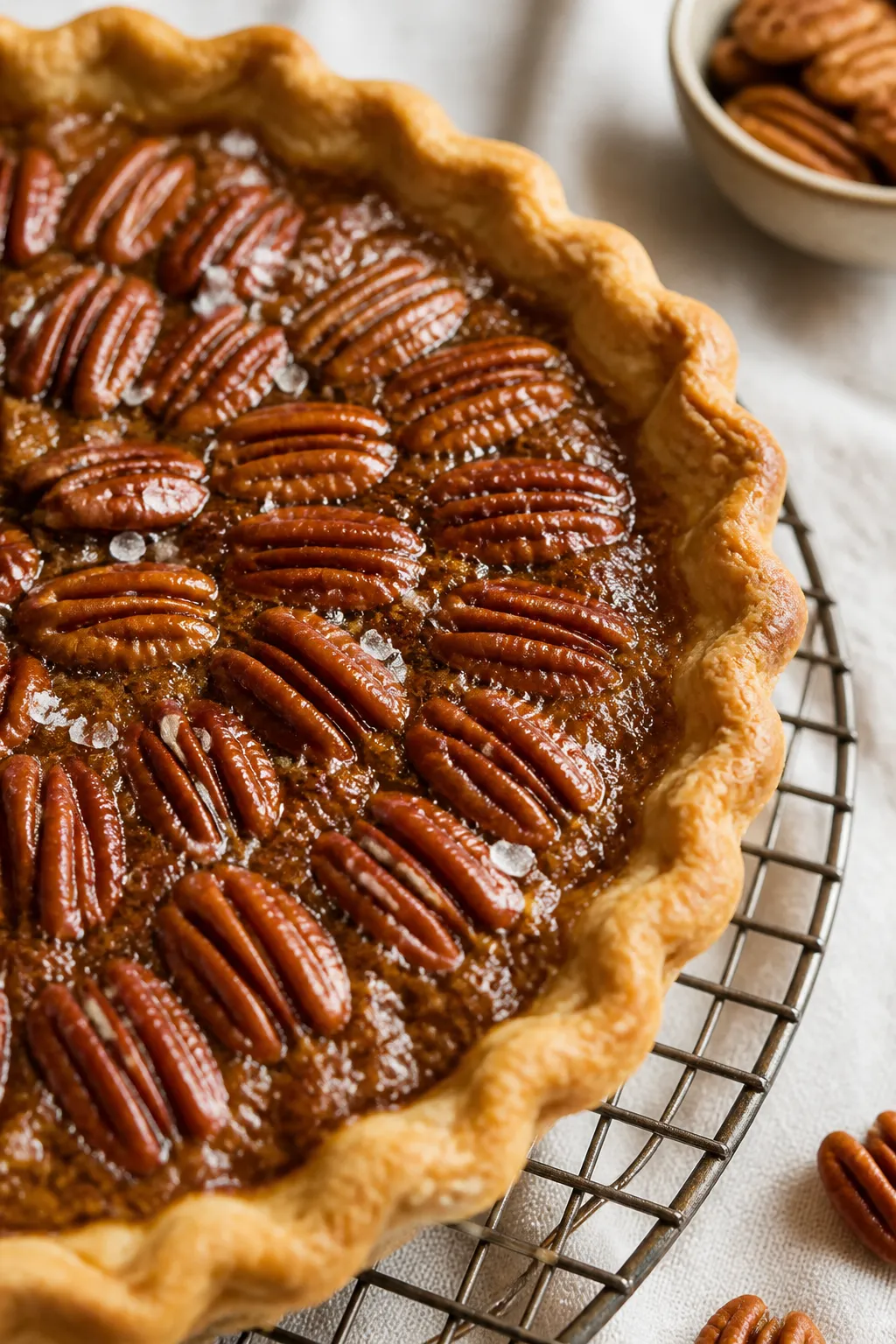 Close-up detail: A just-baked salted caramel pecan pie cooling on a rack, showing a glossy, deeply a