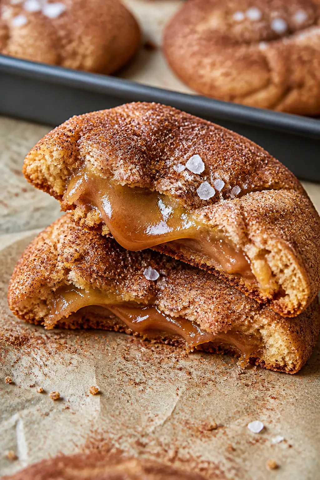 Close-up detail: A just-baked salted caramel snickerdoodle split open to reveal a glossy, gooey cara