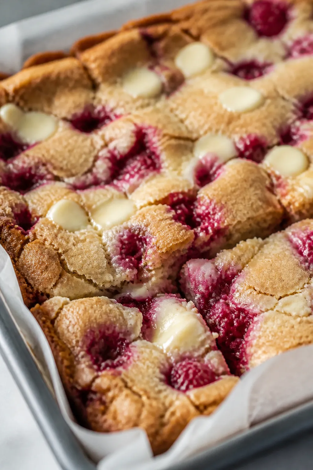 Close-up detail: A just-baked slab of raspberry white chocolate blondies still in a parchment-lined 