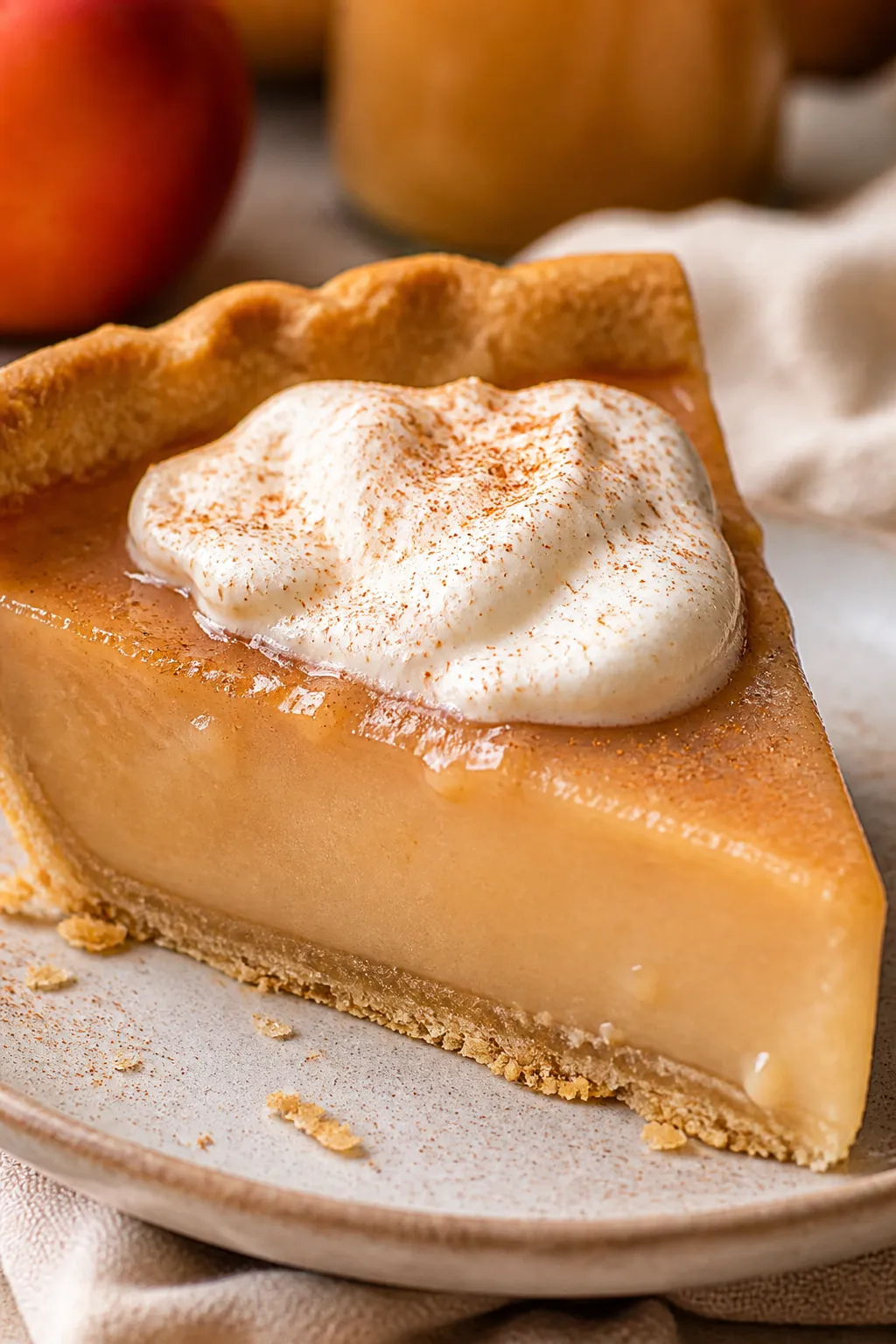 Close-up detail: A silky slice of Apple Cider Cream Pie just cut, showing ultra-smooth custard with 