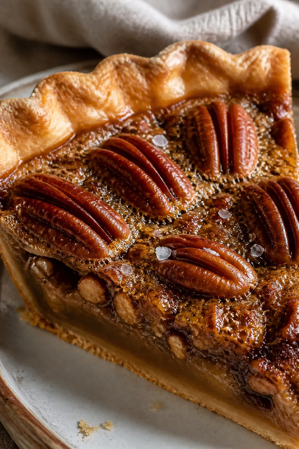 Close-up detail: A slice of Brown Butter Pecan Pie just after cooling, showing a glossy, deeply gold