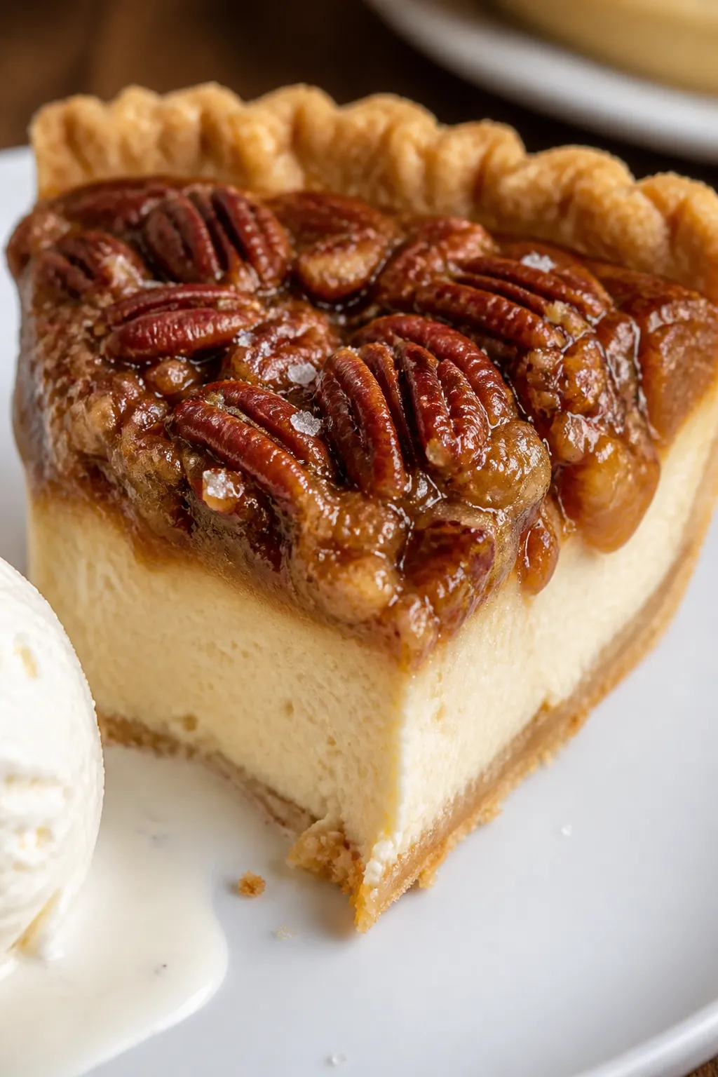 Close-up detail: A slice of Maple Pecan Cheesecake Pie just after chilling, showing distinct creamy 