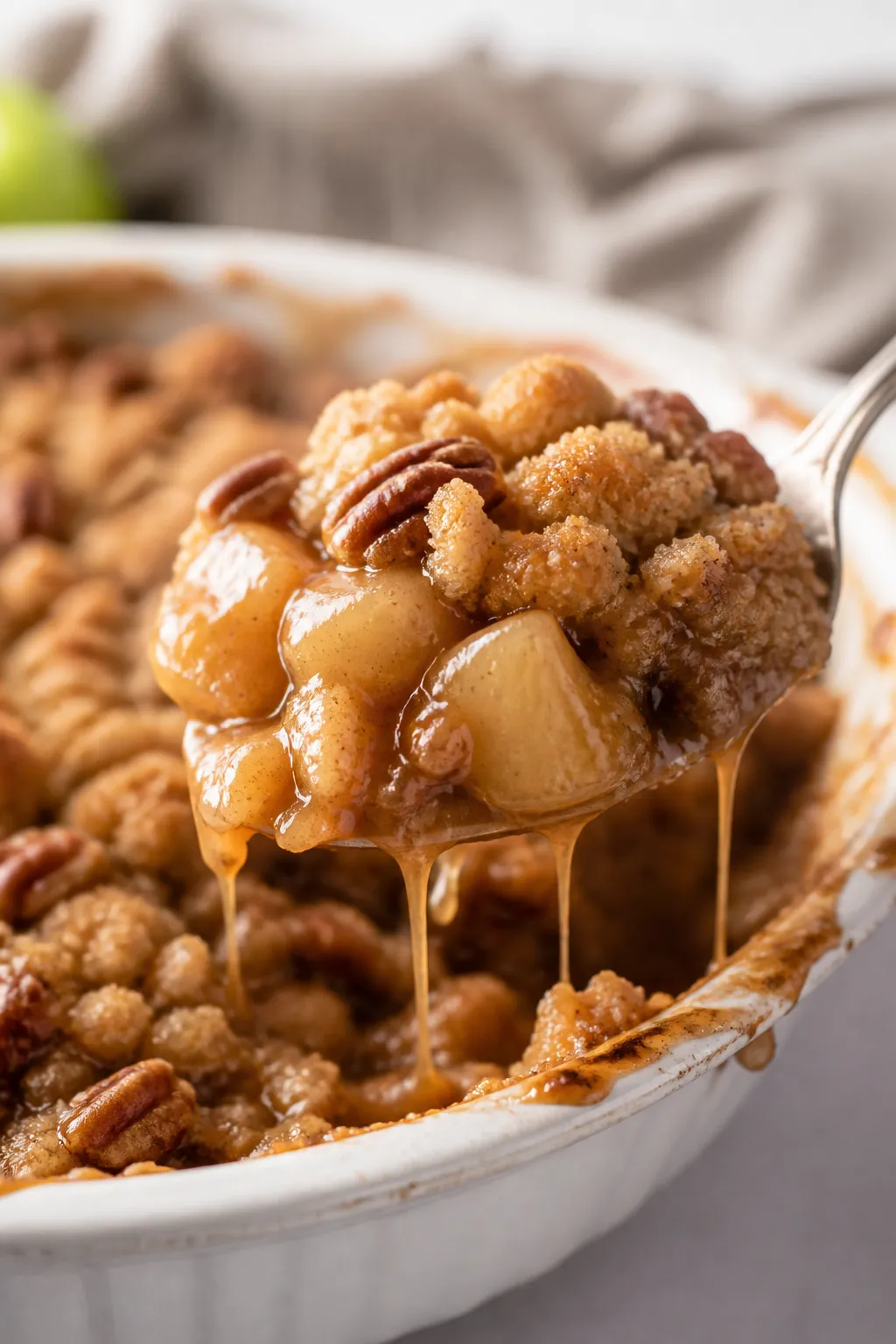 Close-up detail: A spoonful of warm Caramel Apple Dump Cake just scooped from the pan, showcasing go