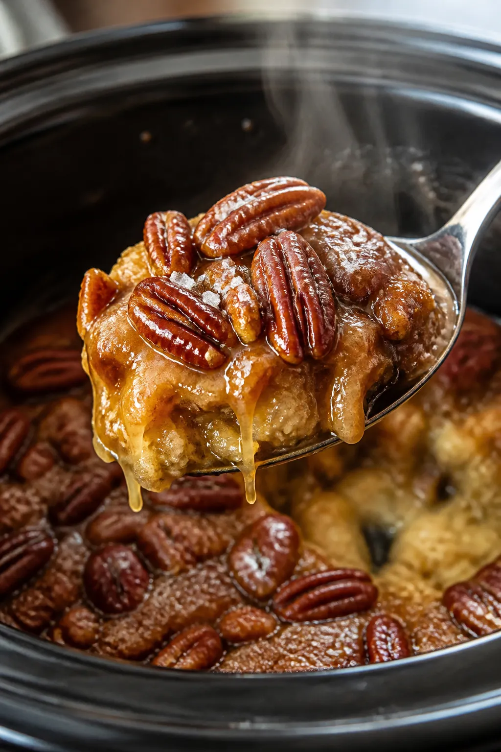 Close-up detail: A spoonful of warm Crockpot Pecan Pie Cobbler just lifted from the slow cooker, sho