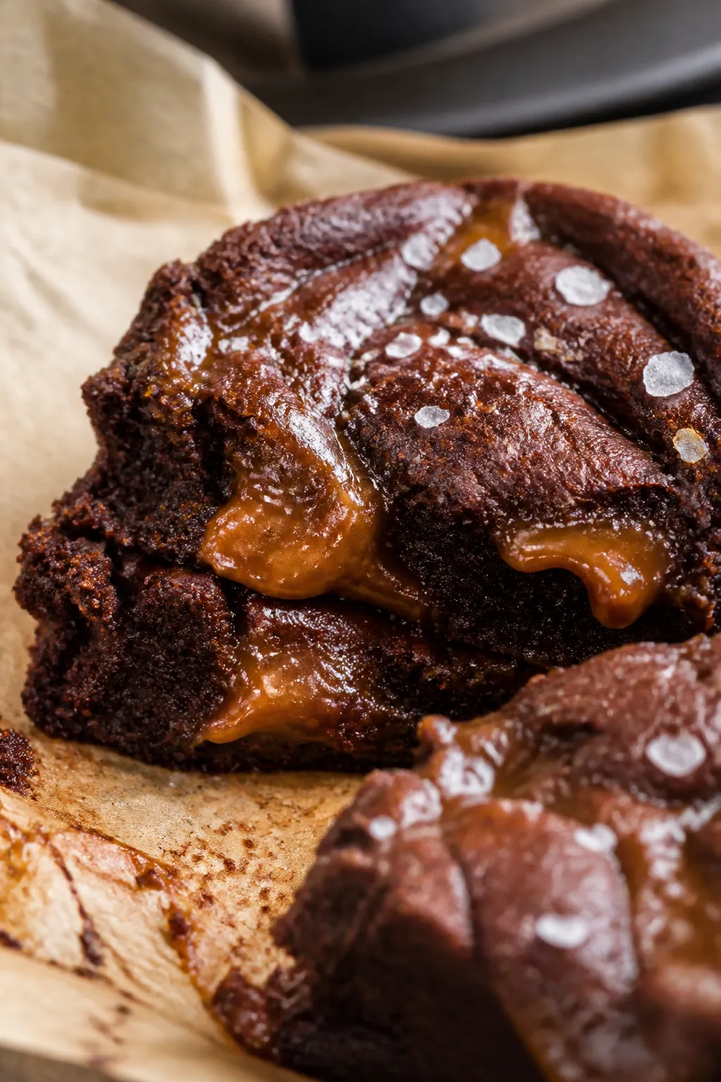 Close-up detail: A tight macro of a sliced crockpot salted caramel brownie still warm, showcasing gl