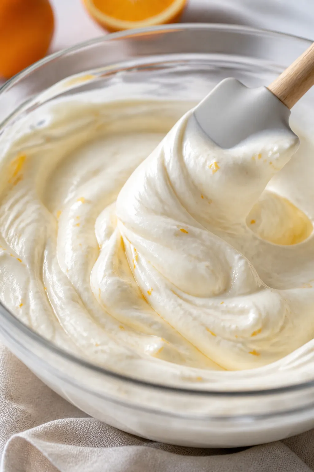 Close-up detail: Billowy vanilla cream being gently folded together in a clear glass bowl, ribbons o