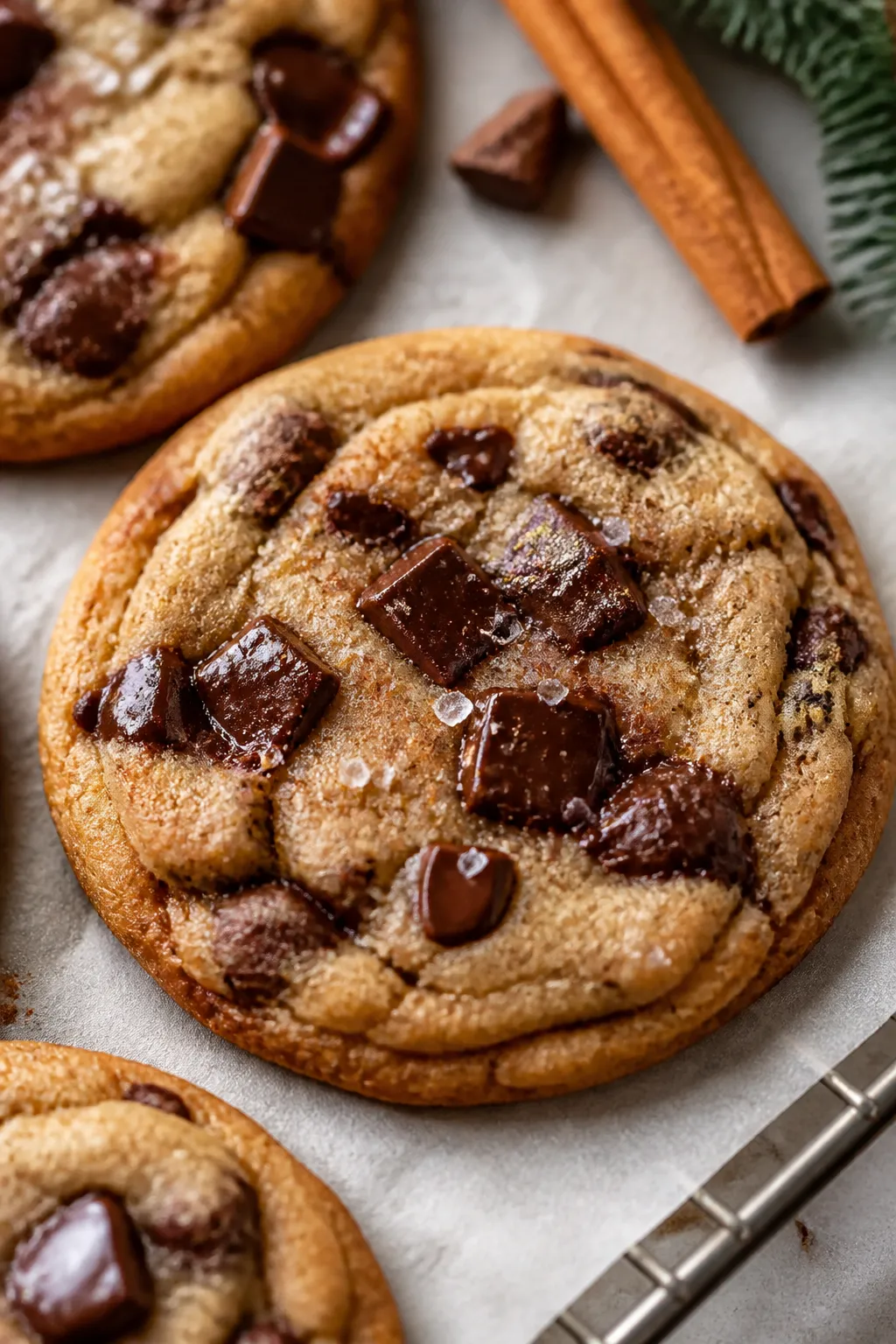 Close-up detail: Freshly baked brown butter Christmas chocolate chip cookies just out of the oven on