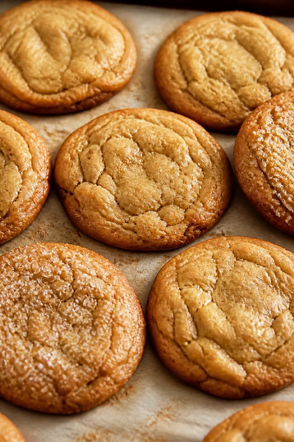 Close-up detail: Freshly baked brown butter maple cookies just out of the oven, edges lightly golden