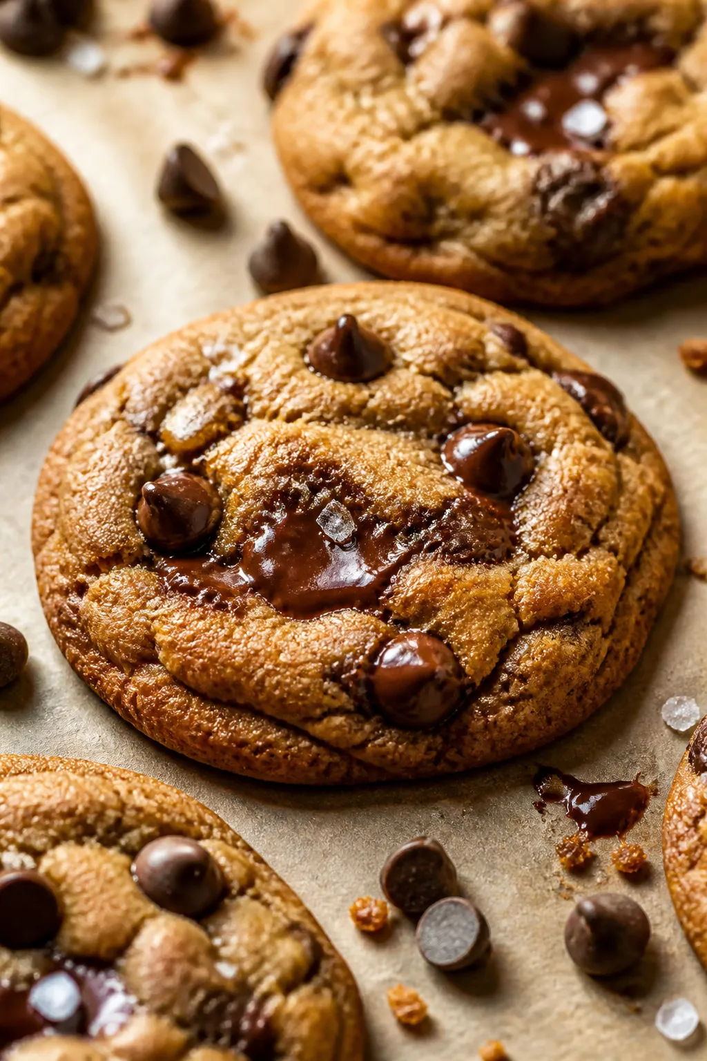 Close-up detail: Freshly baked brown butter pumpkin chocolate chip cookies just out of the oven, edg