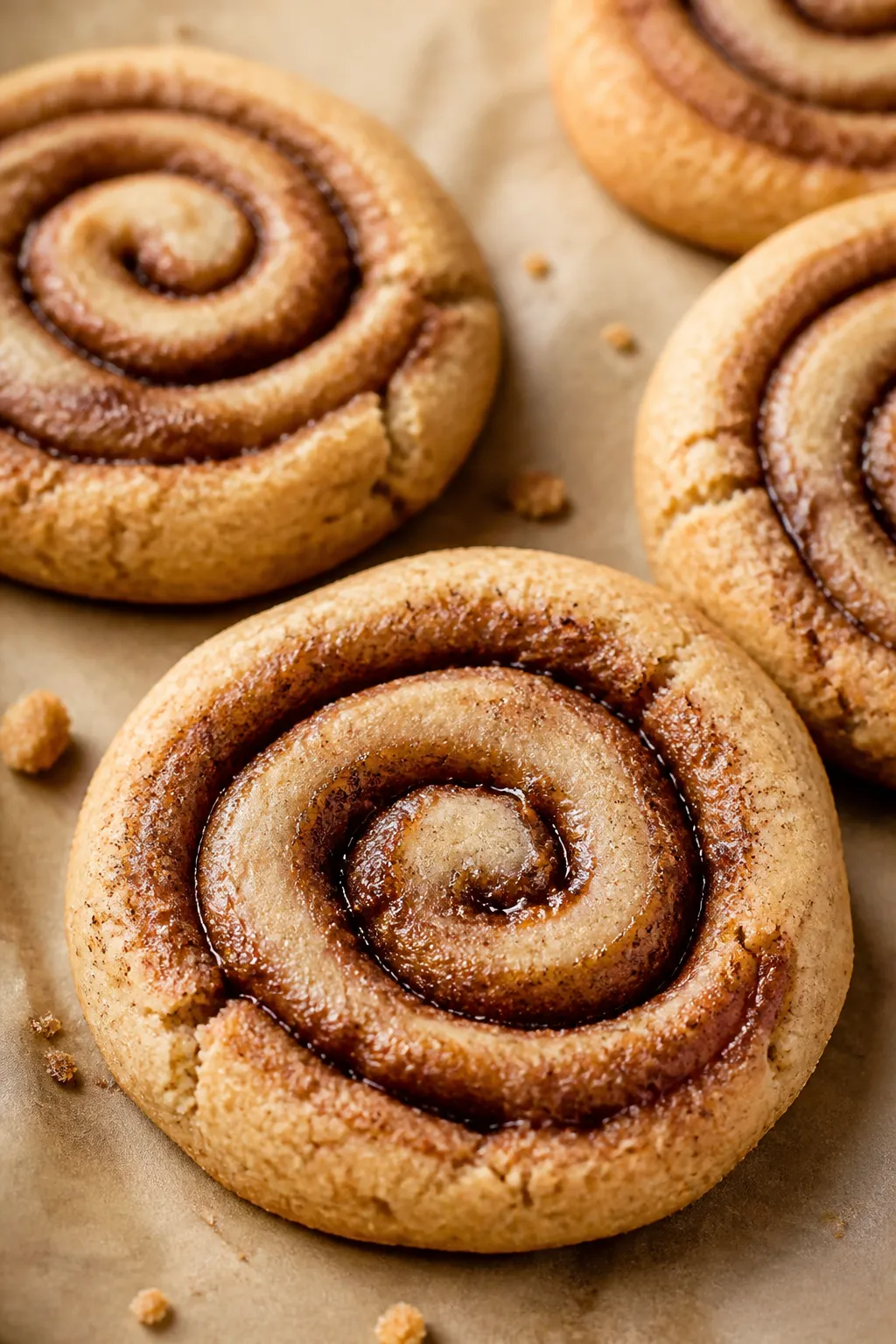 Close-up detail: Freshly baked Brown Sugar Cinnamon Roll Cookies just out of the oven, edges set wit