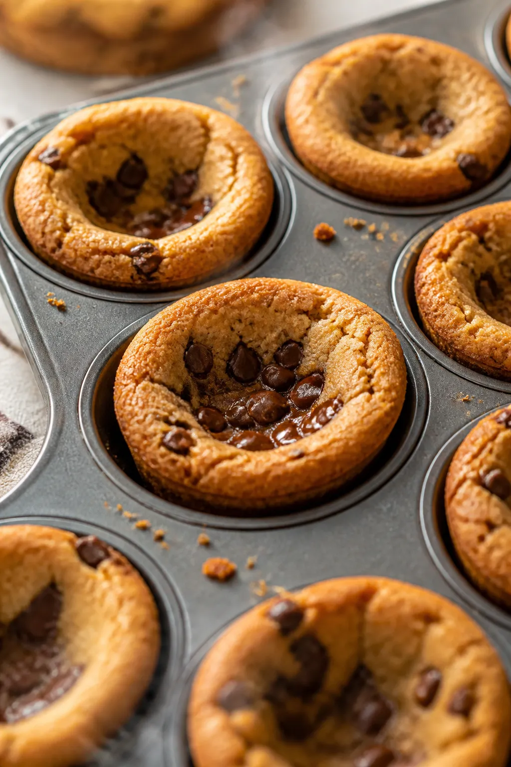 Close-up detail: Freshly baked chocolate chip cookie cups just out of a mini muffin tin with defined