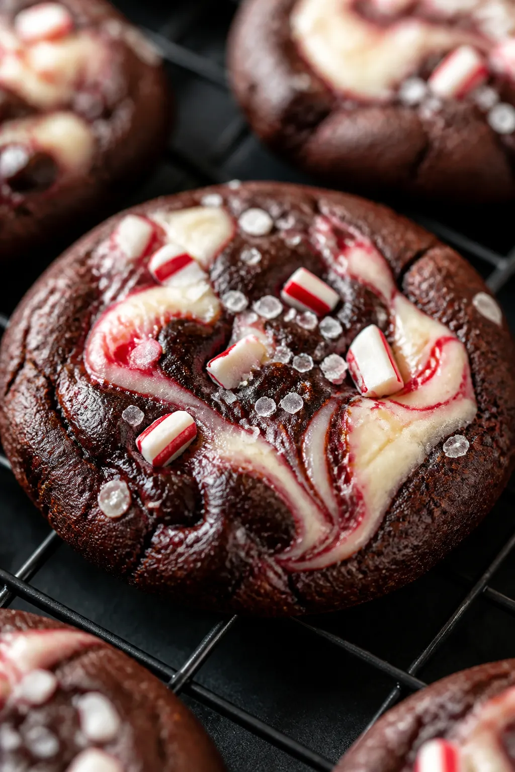 Close-up detail: Freshly baked chocolate peppermint cheesecake cookies cooling on a wire rack, tight
