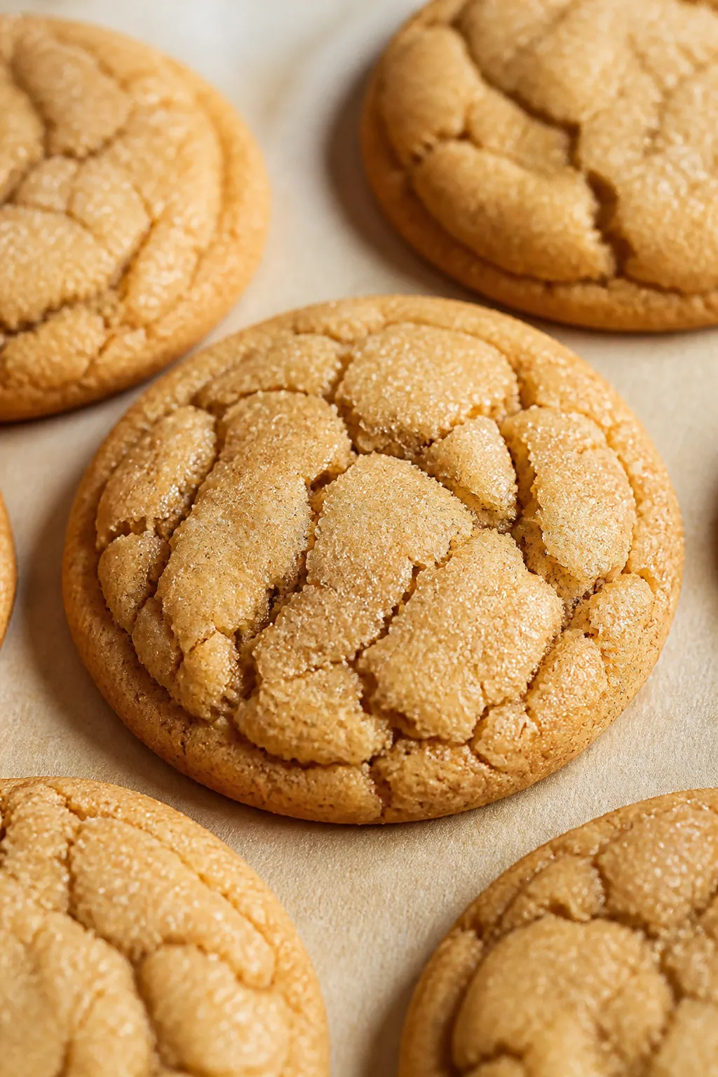 Close-up detail: Freshly baked cookie butter cookies just out of the oven on a parchment-lined sheet