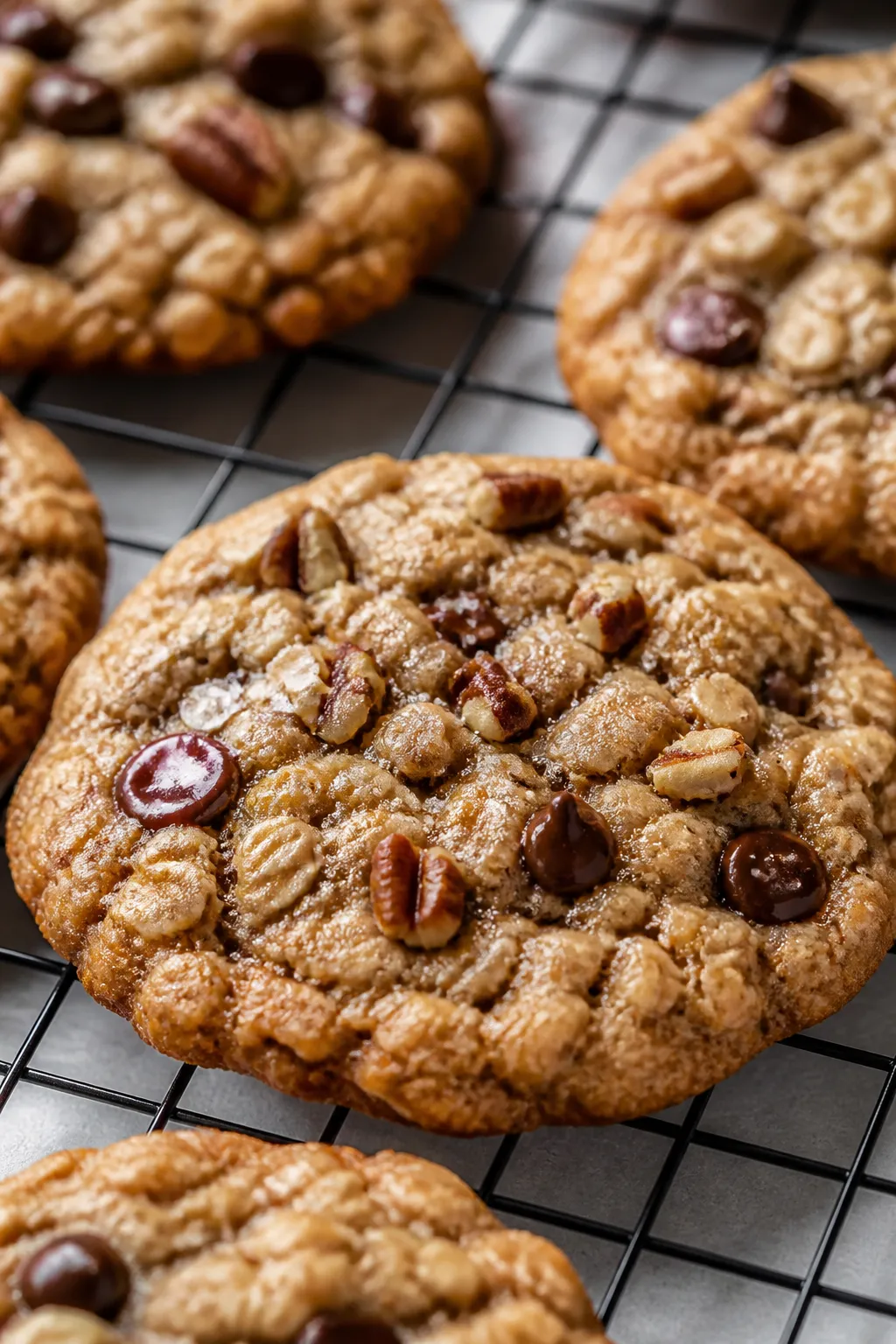 Close-up detail: freshly baked maple brown sugar oatmeal cookies cooling on a wire rack, edges light