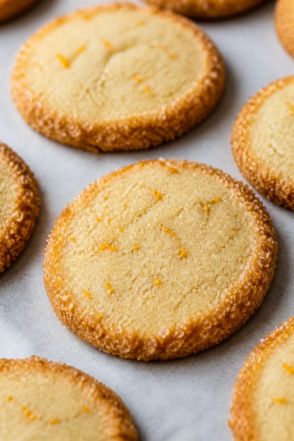 Close-up detail: Freshly baked orange shortbread rounds just out of the oven, pale matte tops with d