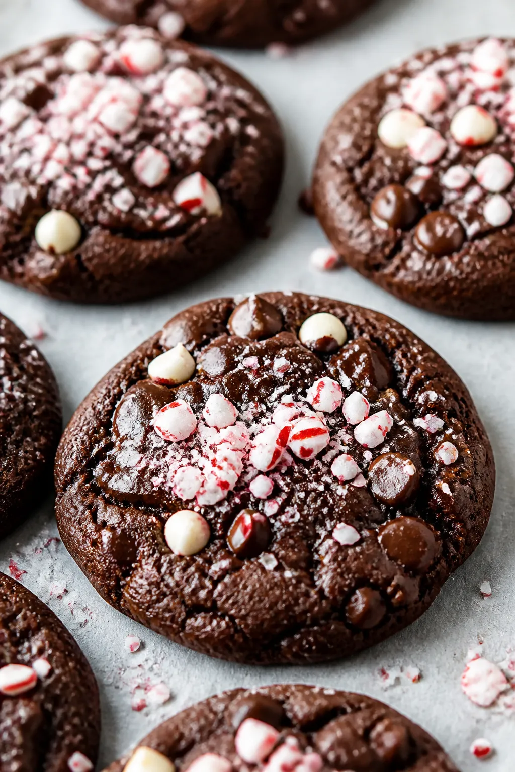 Close-up detail: Freshly baked peppermint bark cookies just out of the oven on a parchment-lined she