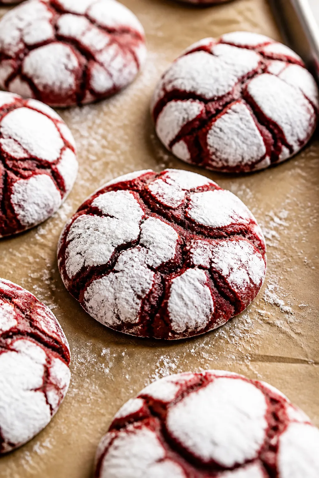 Close-up detail: Freshly baked red velvet crinkle cookies just out of the oven on a parchment-lined 