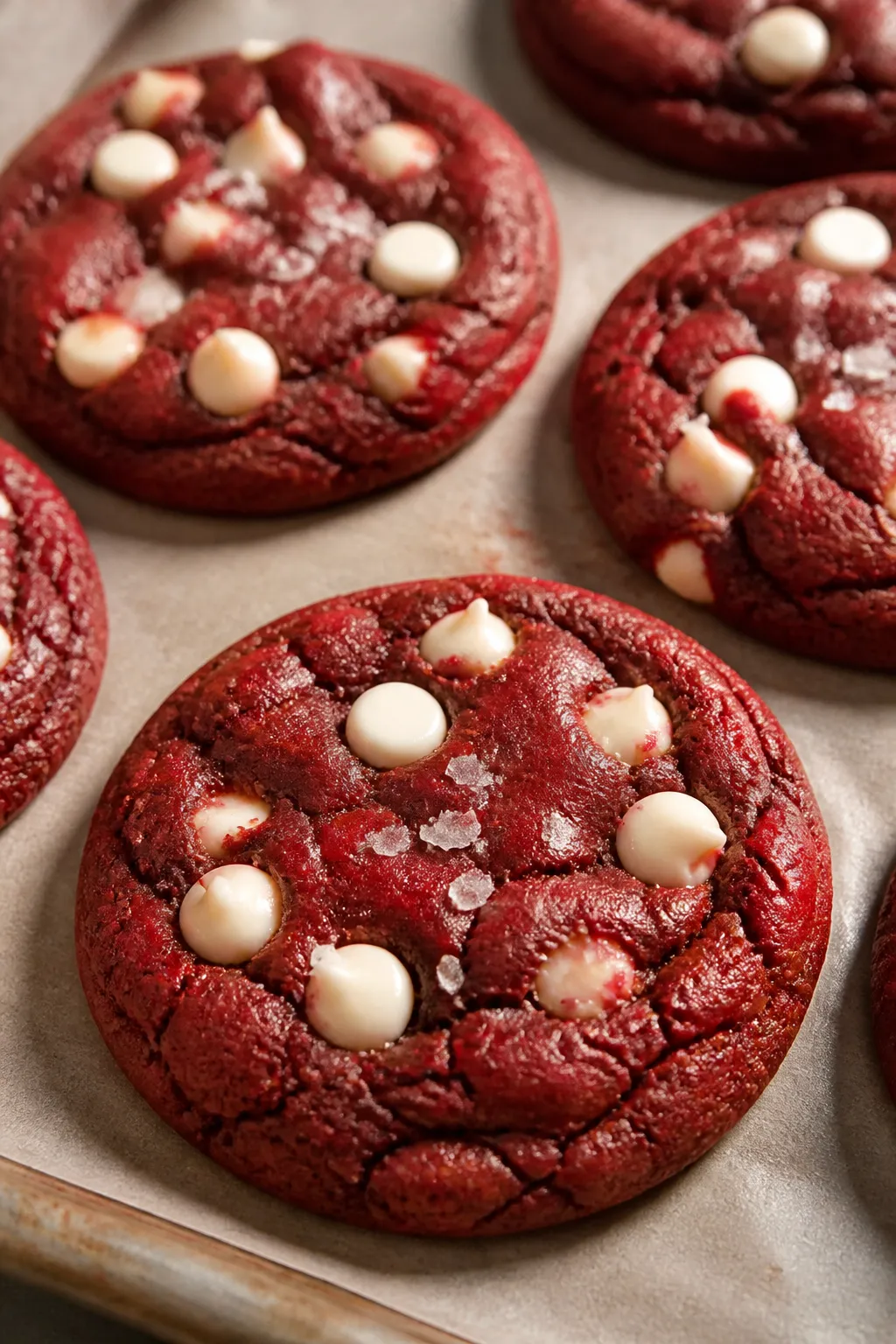 Close-up detail: Freshly baked red velvet white chocolate chip cookies just out of the oven on a par