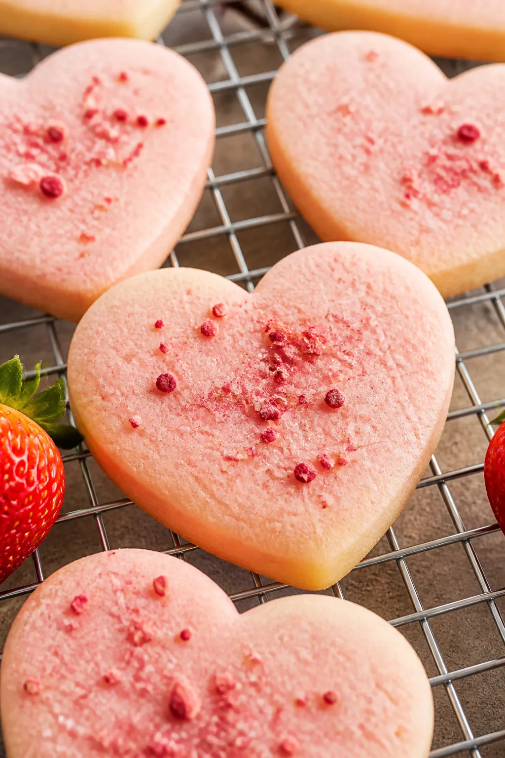 Close-up detail: Freshly baked strawberry heart-shaped sugar cookies cooling on a wire rack, edges j