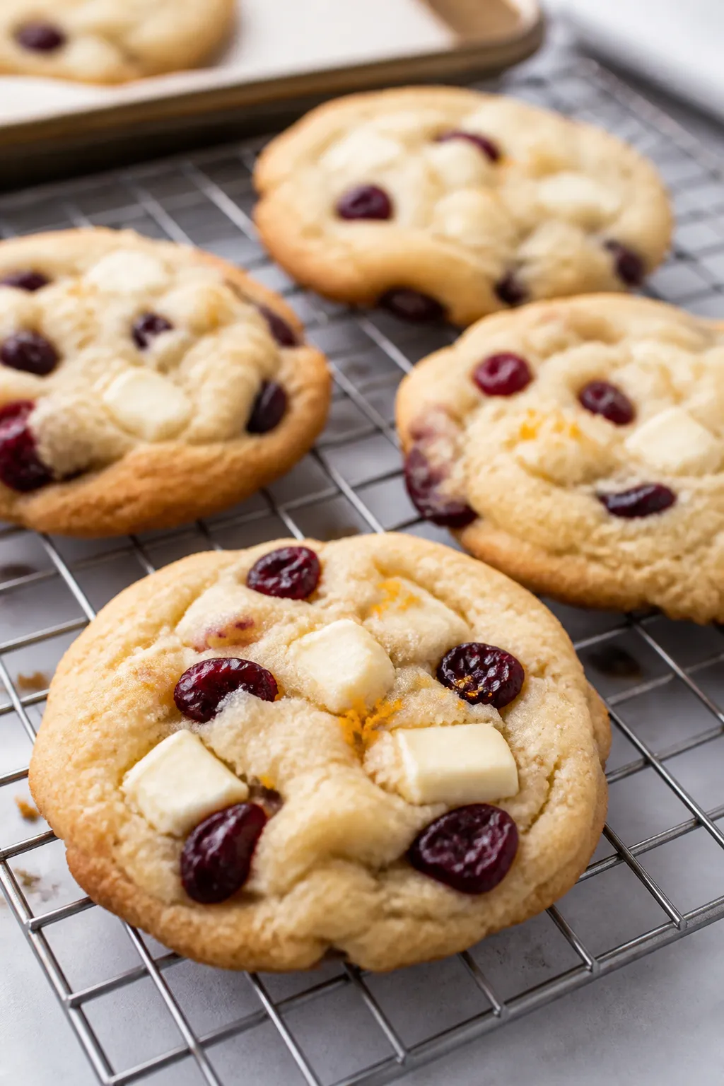 Close-up detail: Freshly baked white chocolate cranberry cookies cooling on a wire rack, edges light