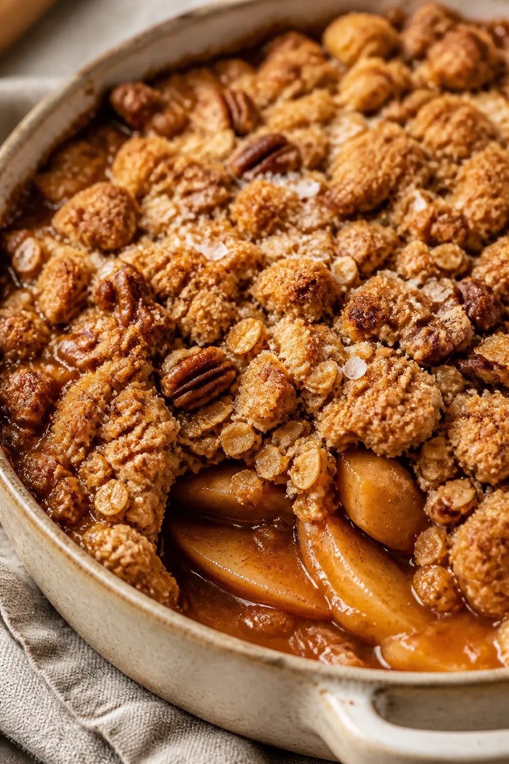 Close-up detail: Golden, baked apple crumble just out of the oven, showing crisp oat-and-flour toppi