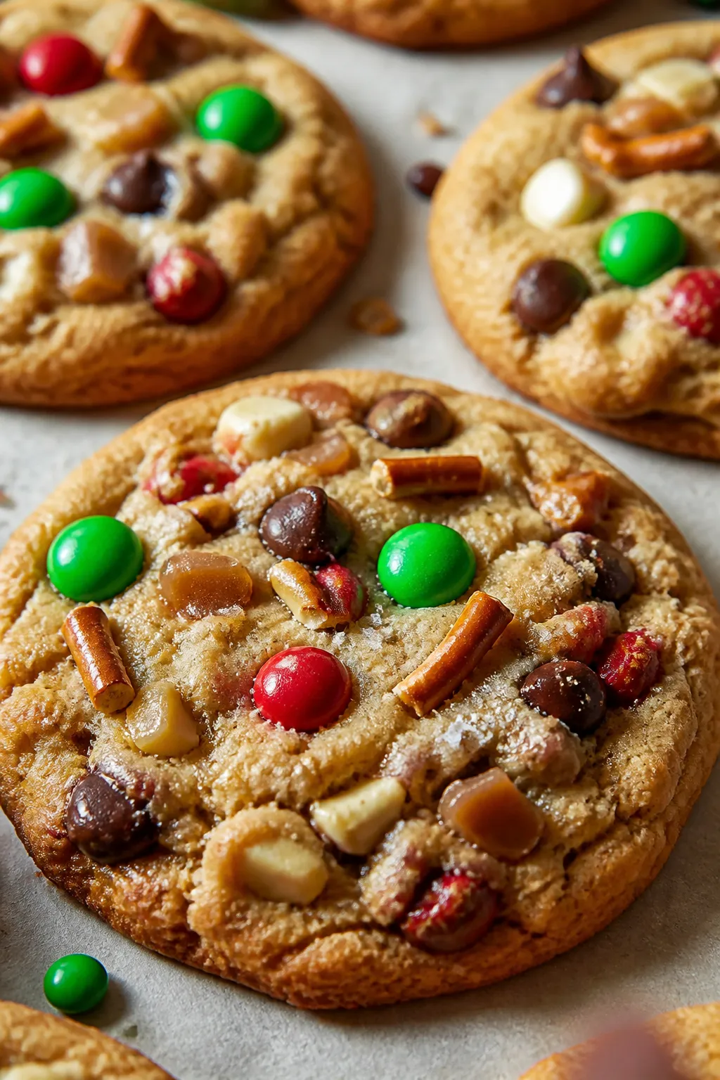 Close-up detail of freshly baked Christmas Kitchen Sink Cookies just out of the oven on a parchment-