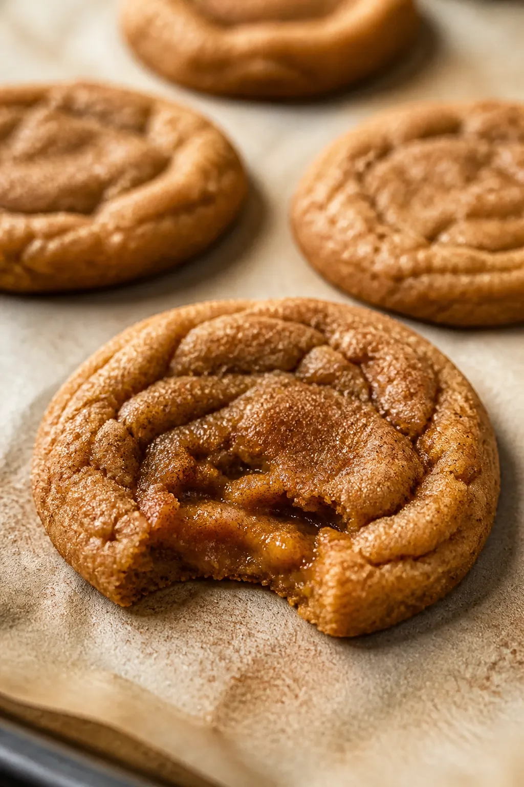 Close-up detail shot: A freshly baked pumpkin pie sugar cookie just out of the oven, edges lightly c
