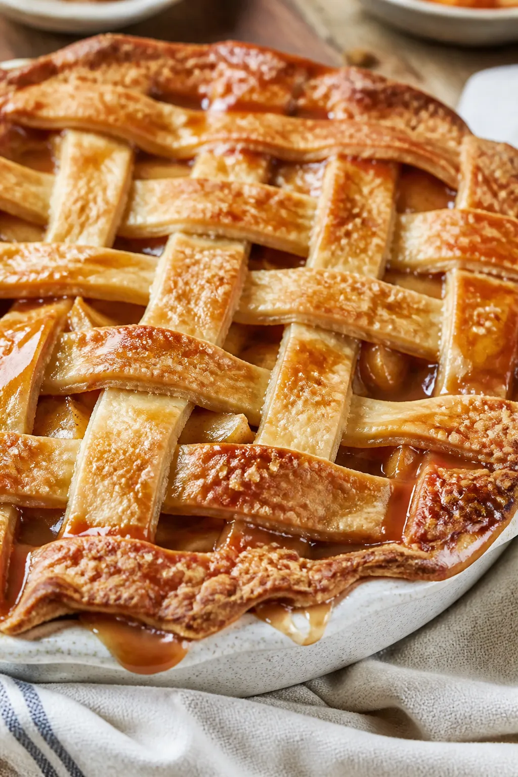 Close-up detail shot: A golden, freshly baked salted caramel apple pie with a deep golden, glossy la