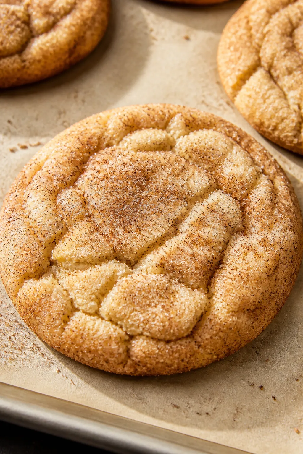 Close-up detail shot: A just-baked Eggnog Snickerdoodle cookie resting on parchment, edges slightly