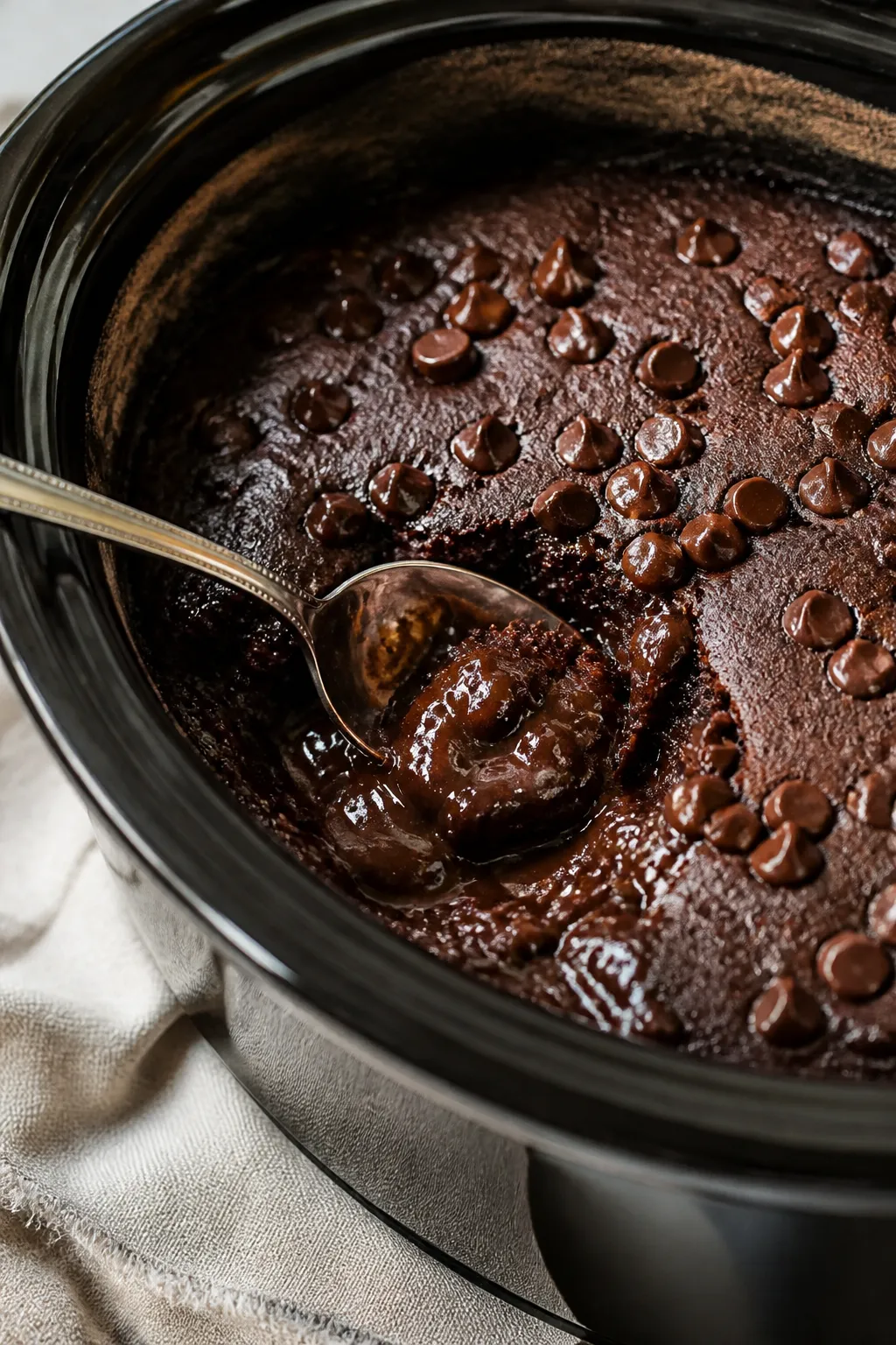 Close-up detail shot: A spoon scooping into the Crockpot Brownie Pudding Cake inside a 5-quart slow