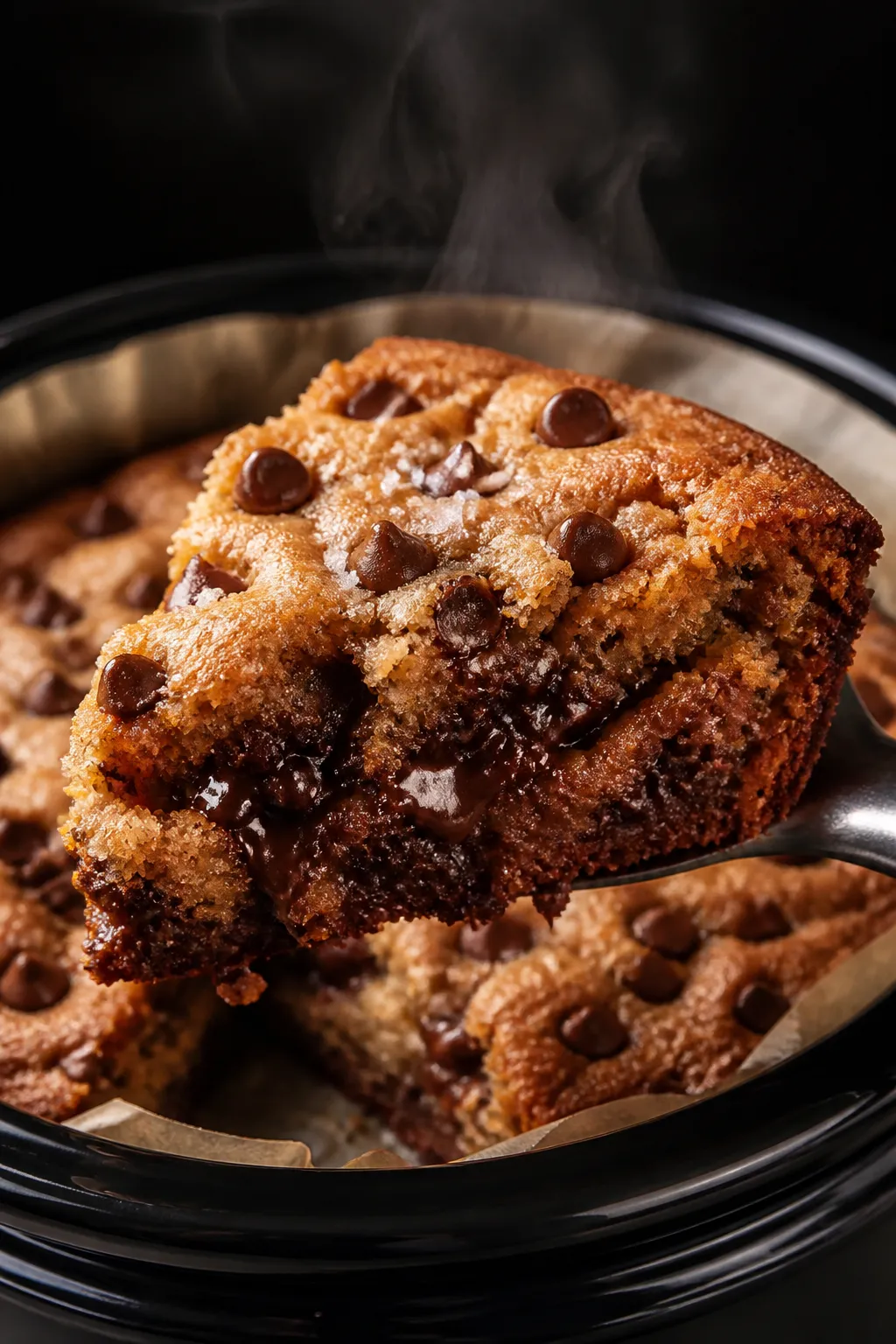 Close-up detail shot: A thick wedge of crockpot chocolate chip cookie cake just lifted from the parc
