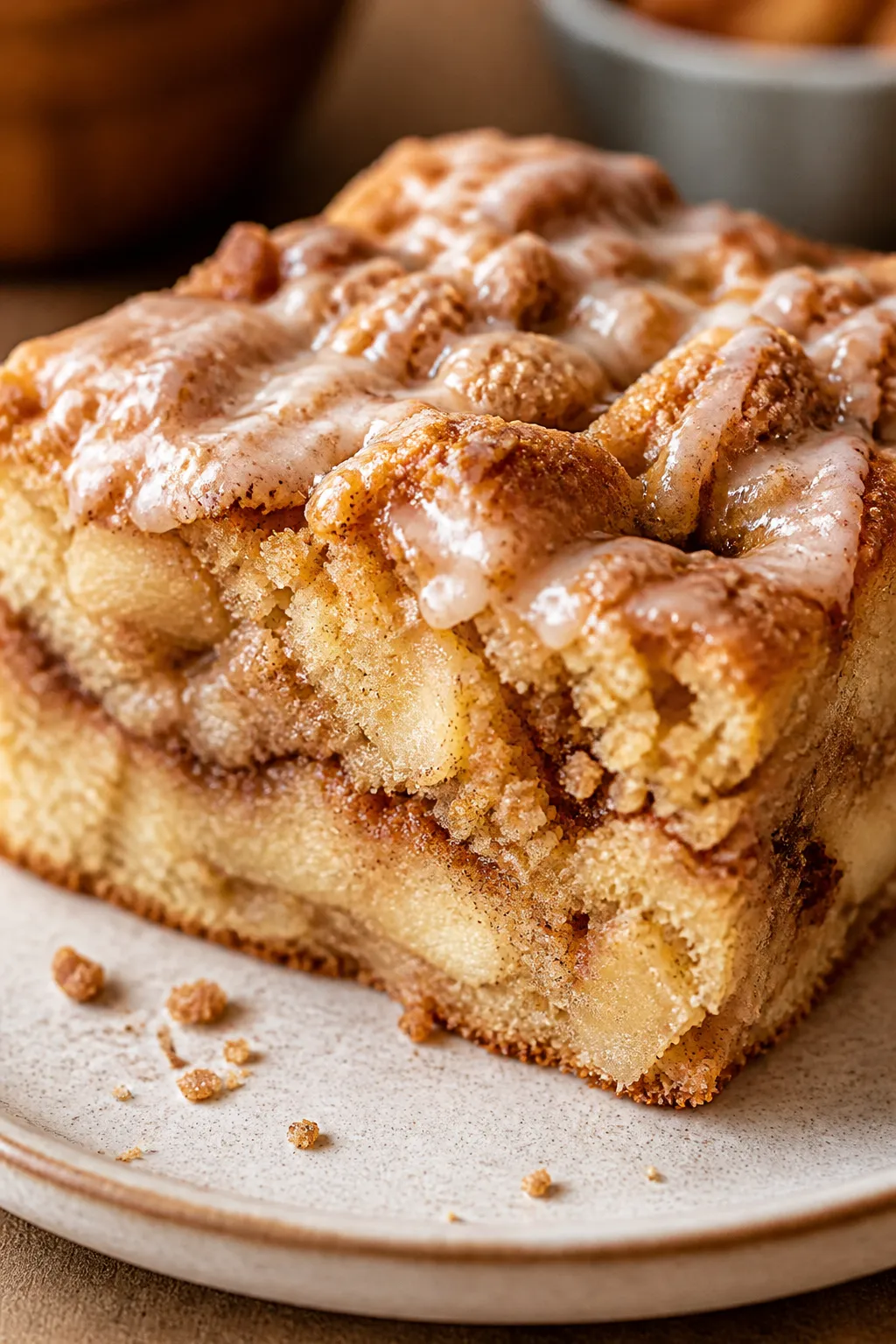 Close-up detail shot: A warm slice of Apple Cinnamon Coffee Cake just cut, showing tender, moist cru