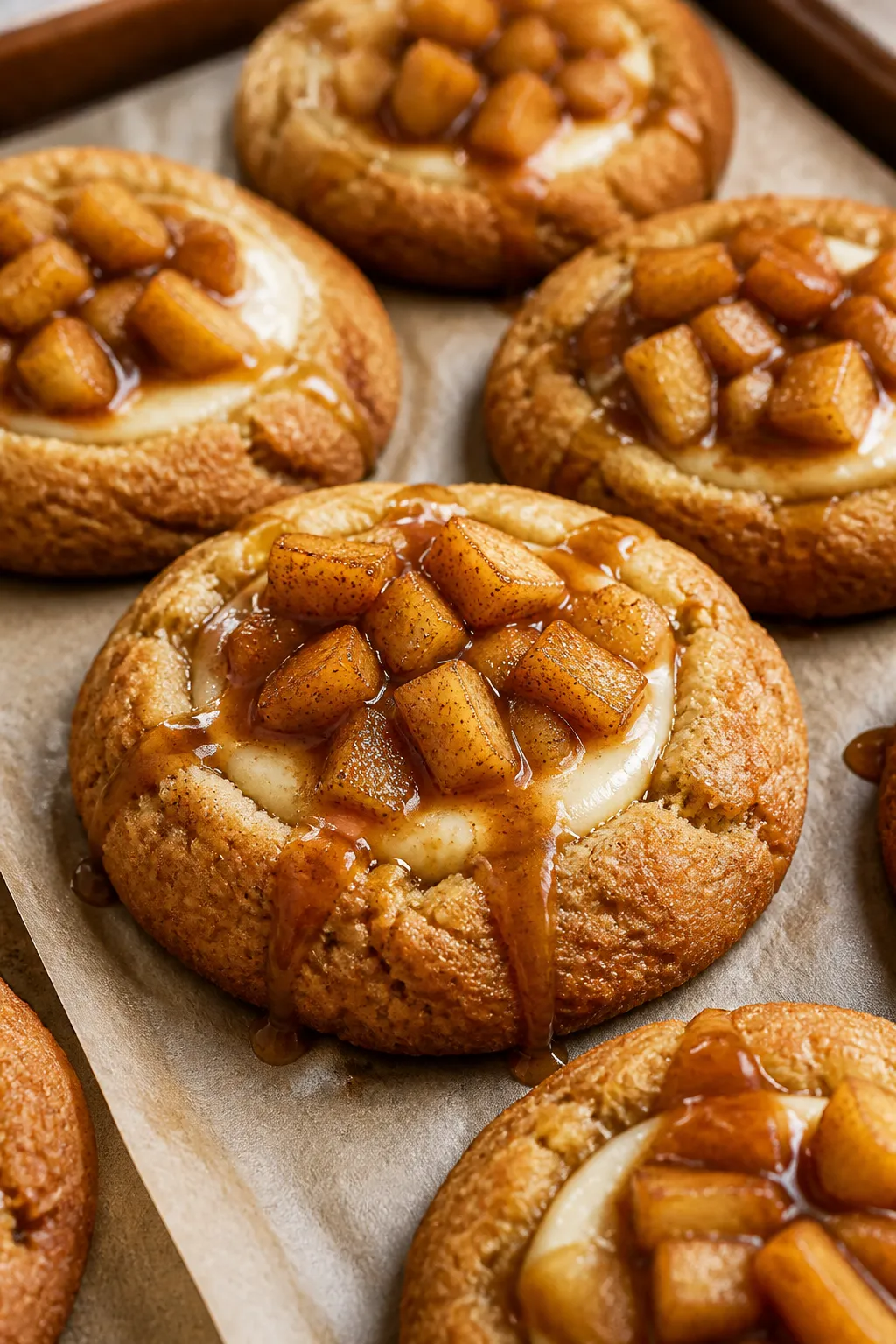 Close-up detail shot: Freshly baked apple pie cheesecake cookies just out of the oven, edges lightly