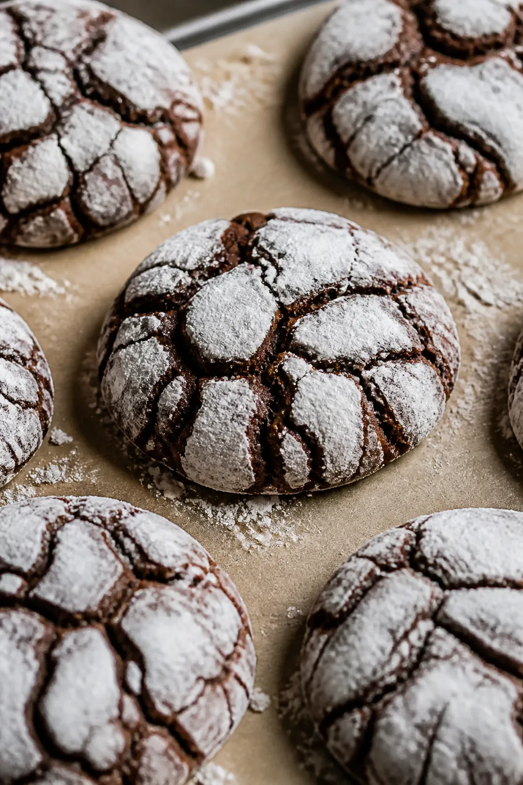 Close-up detail shot: Freshly baked Christmas Crinkle Cookies just out of the oven on a parchment-li